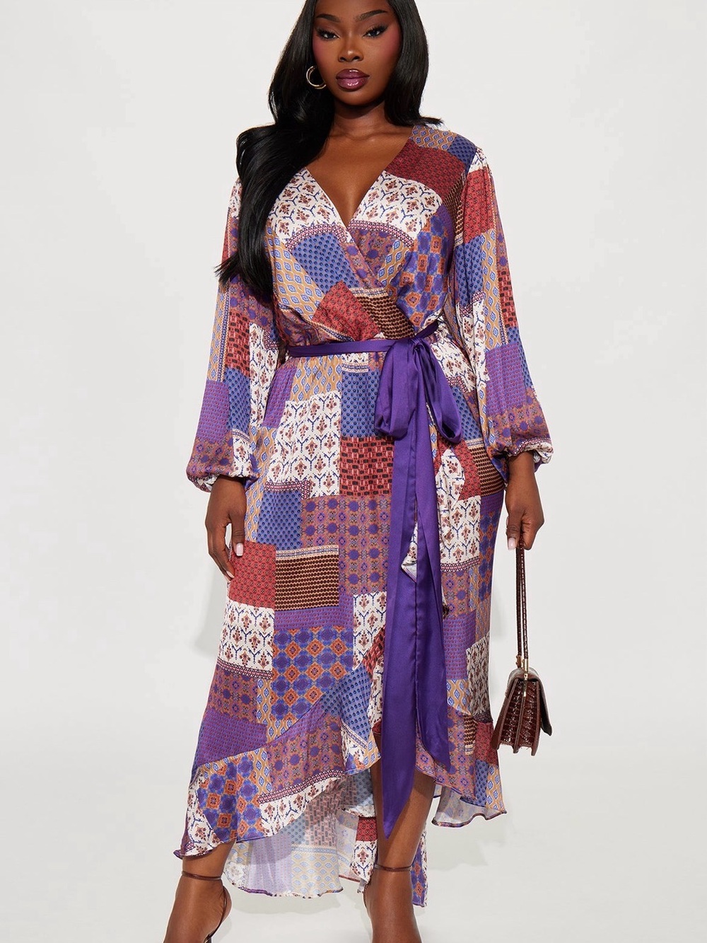 Fashion Nova Purple & Rust Patchwork Wrap High-Low Maxi Dress